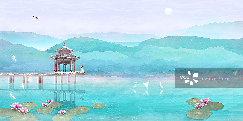 夏天细雨荷花在池塘盛开少女旅游中国风山水水墨插画背景海报图片素材