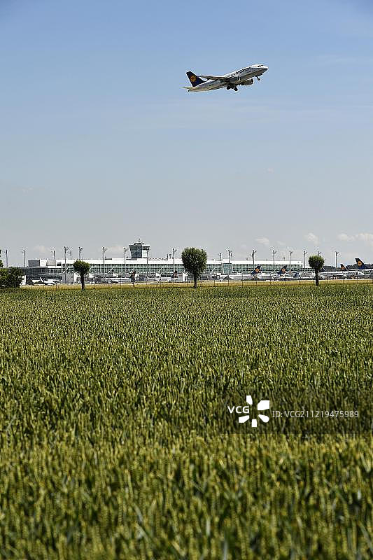 背景为机场地面，飞机起飞，汉莎空中客车A319，德国慕尼黑机场，欧洲图片素材