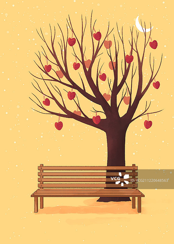 挂满心形卡片的树和长椅插画背景图片素材