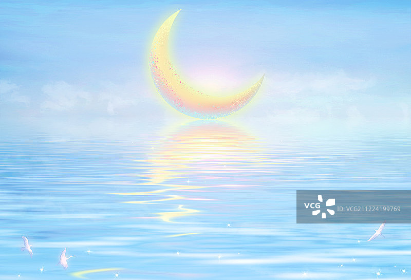 美丽的夜空下，月亮躺在海平面上发出光茫并倒映在海面上插画背景图片素材