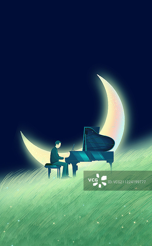 夏天夜晚月亮躺在草坪上，音乐人在草坪弹奏钢琴插画背景海报图片素材