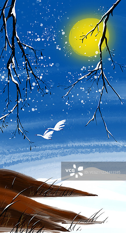 水彩插画冬季自然景观明月飞鸟图片素材