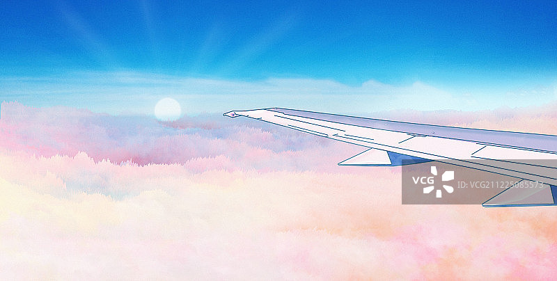 在飞行的航线上，早晨的太阳穿过彩色渐变的云朵发出光茫插画背景图片素材