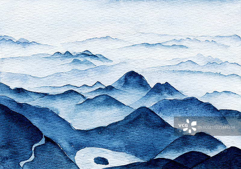 手绘水彩插画 中国风山水写意画图片素材