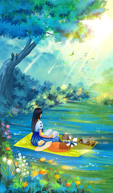 树荫下野餐看书的女孩温馨插画 春夏外出郊游图片素材
