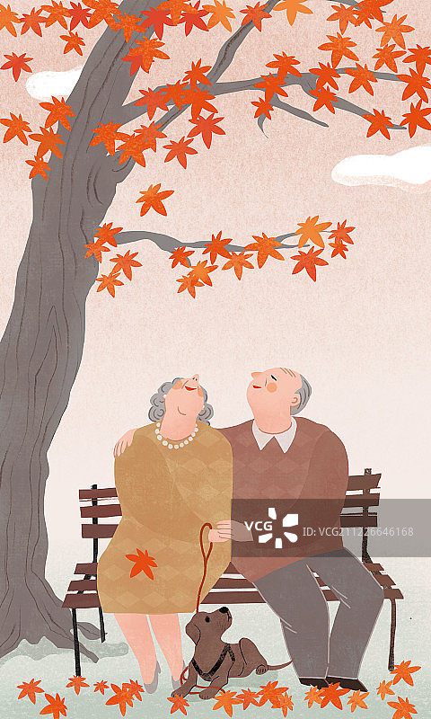 秋天坐在长椅上赏红叶的老夫妻图片素材