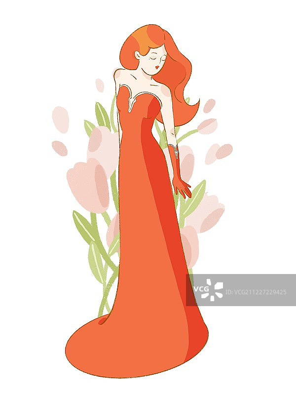 穿橘红色长裙的红发卷发美女低头姿态插画图片素材