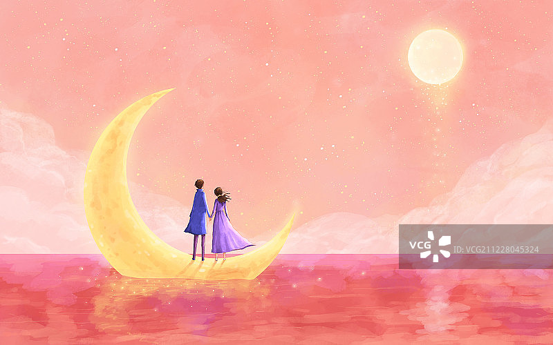 月亮上牵手的情侣插画图片素材