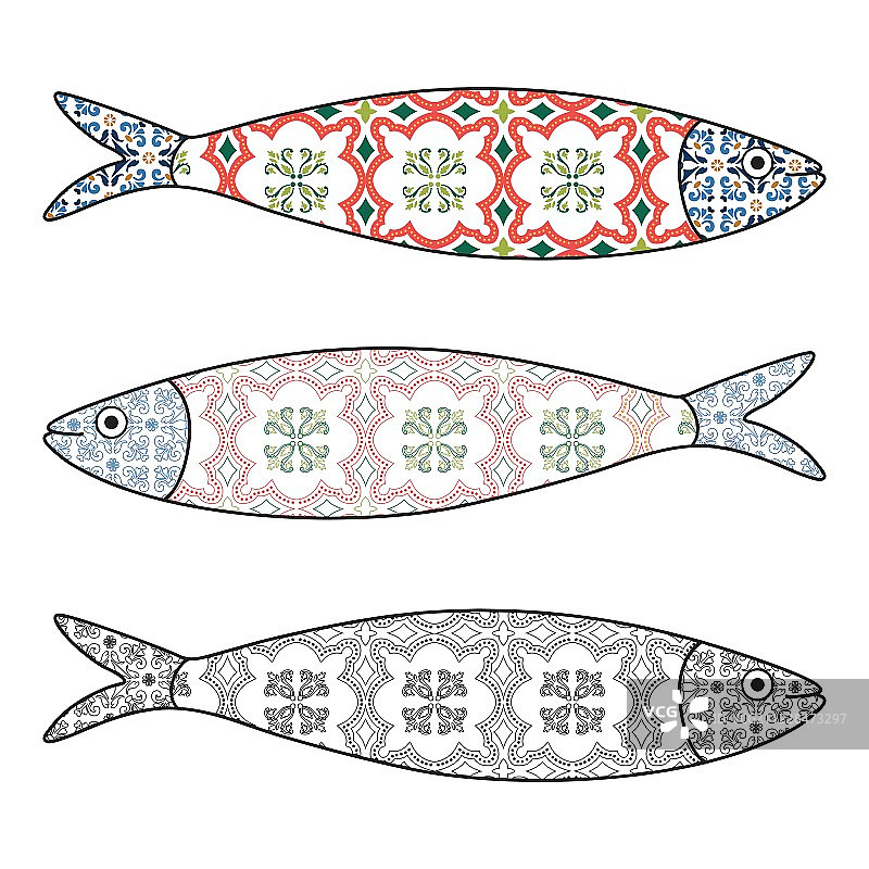 传统的葡萄牙图标。彩色沙丁鱼与典型的波尔图图片素材