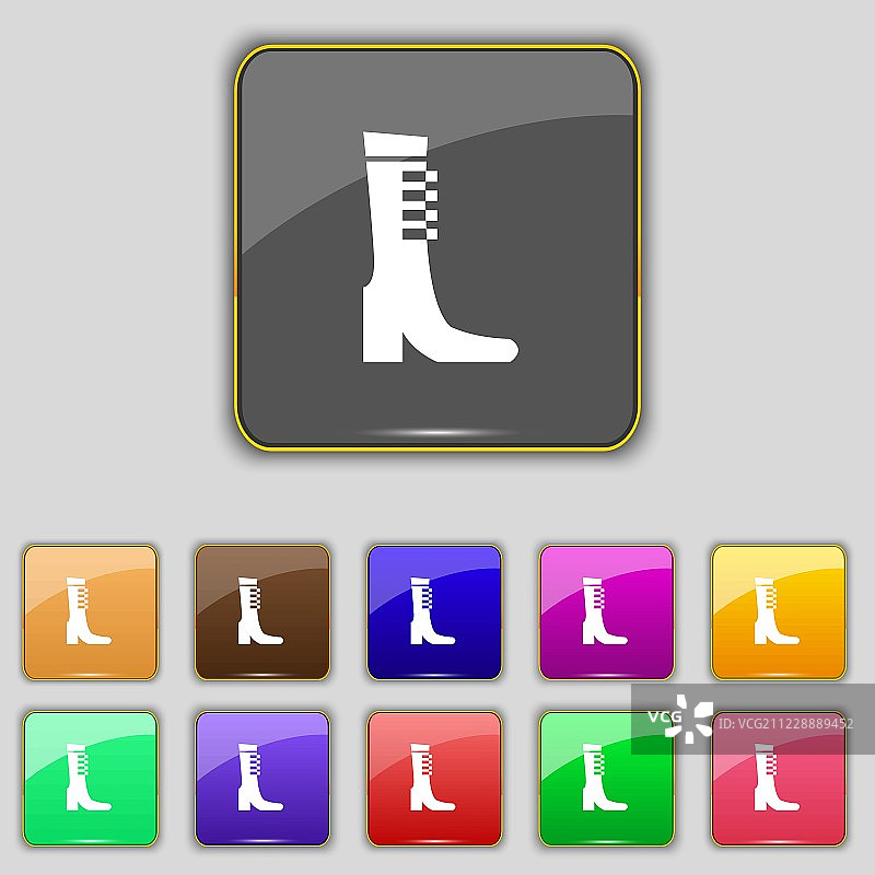 女性秋冬鞋，靴子图标标志。为你的网站设置11个颜色的按钮。向量图片素材