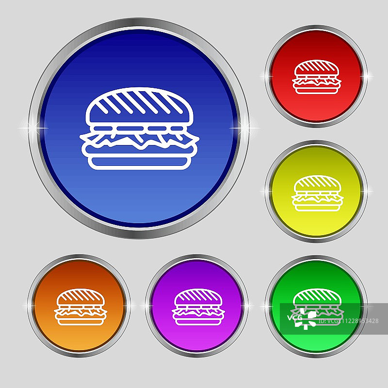 汉堡图标符号。圆形符号上鲜艳的色彩按钮。向量图片素材