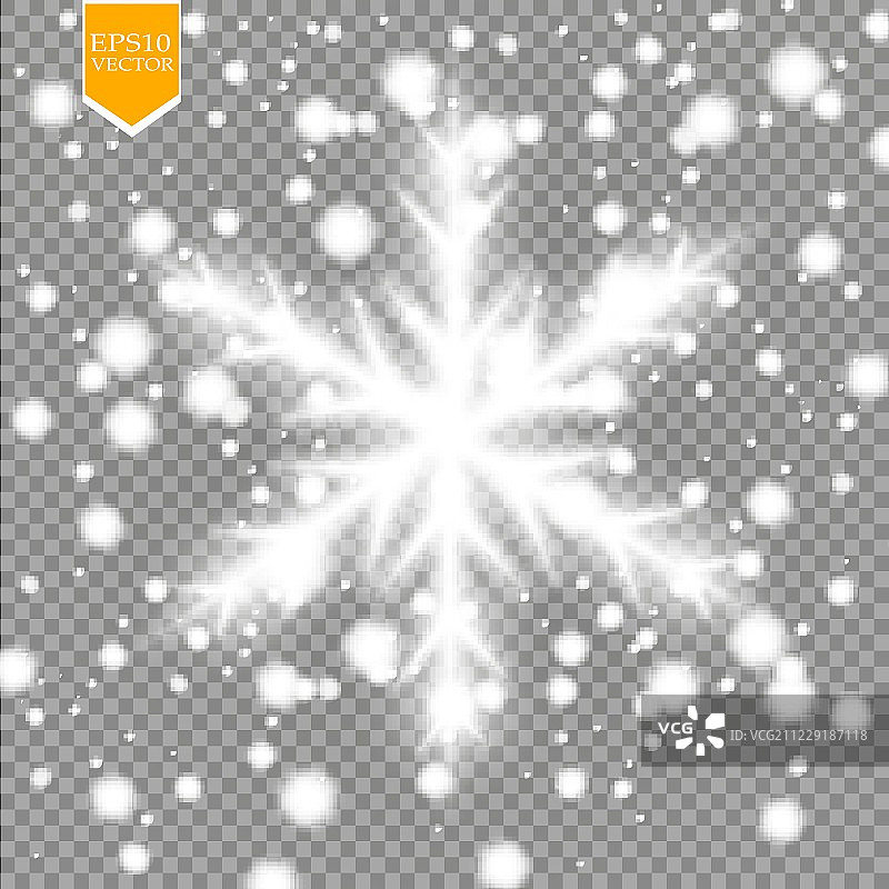 闪耀白色雪花与闪光孤立在透明的背景。圣诞装饰用闪闪发光的灯光效果。向量图片素材