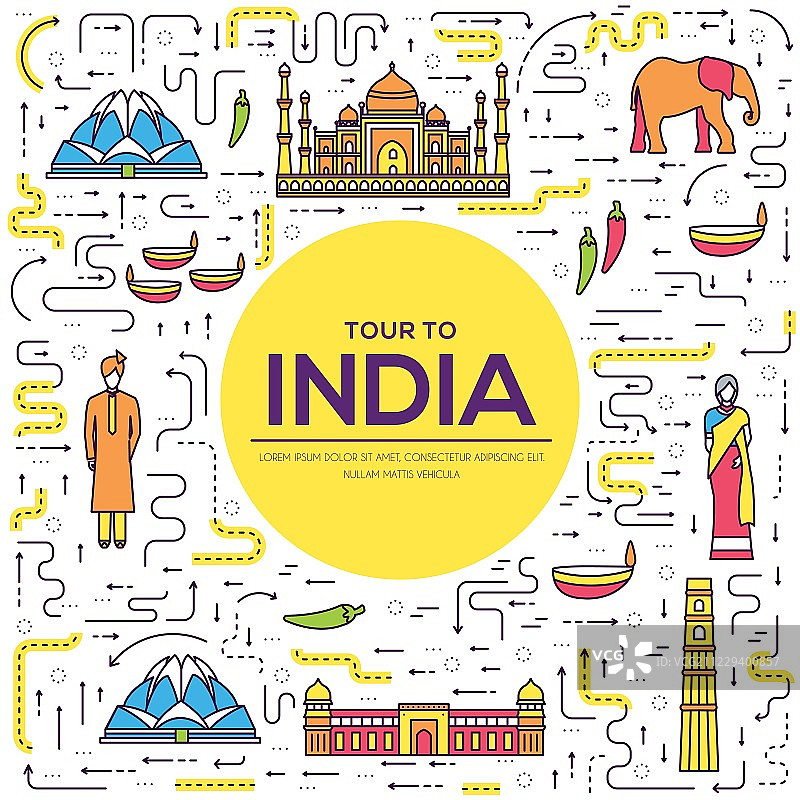 国家印度旅游度假指南的商品，地点和特点。集建筑、时尚、人物、项目、背景等概念。信息图传统民族平面、轮廓、细线图标图片素材