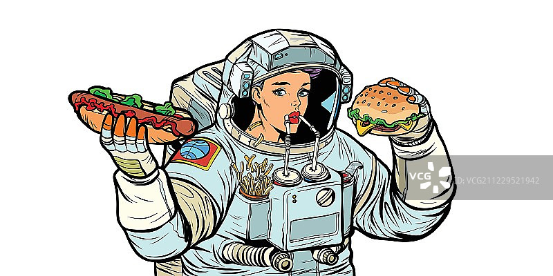 宇航员吃的女人。可乐，热狗和汉堡快餐。Isolat图片素材