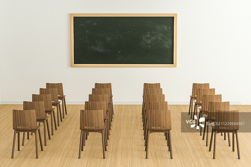 放满椅子的明亮的教室，三维渲染图片素材