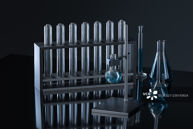 实验室的化学仪器器皿，三维渲染图片素材