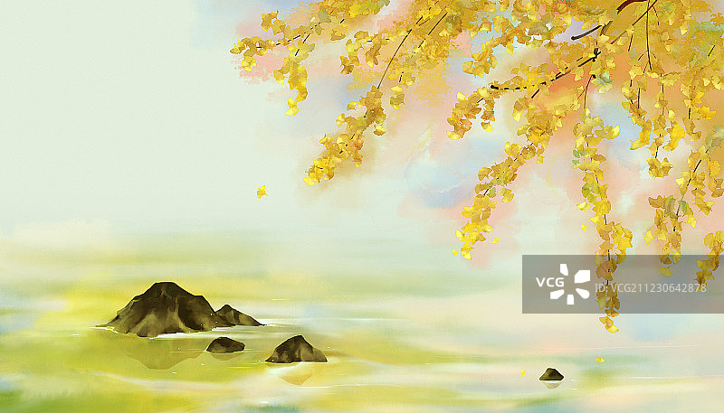 金黄色的银杏叶在水面上 秋天插画场景图片素材