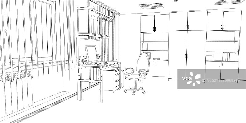 房间。电脑桌、椅子和窗户图片素材