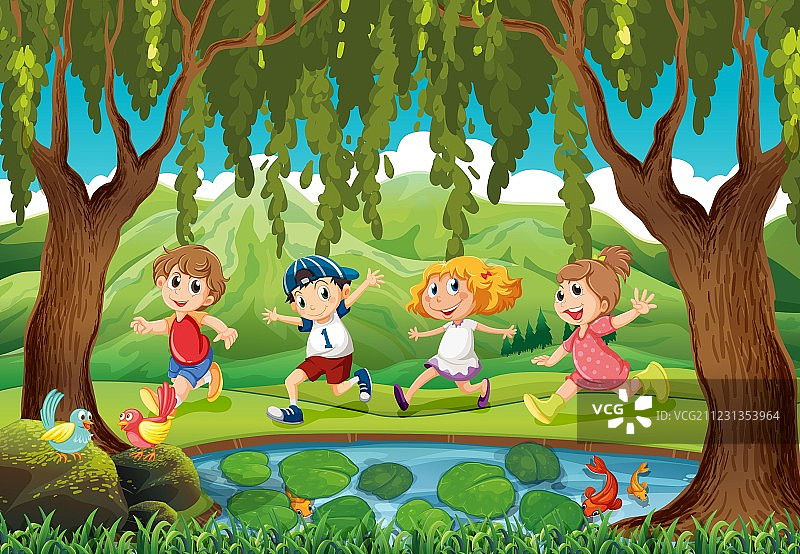四个孩子在公园里跑步