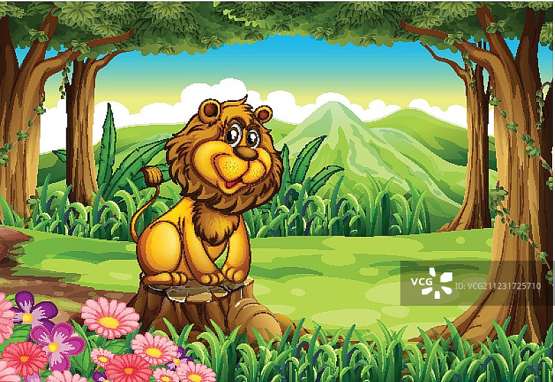 一只狮子站在树桩上图片素材