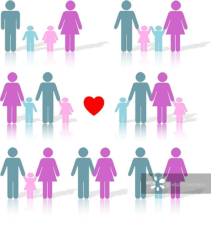 家庭生活图标设置在颜色与红色的心图片素材