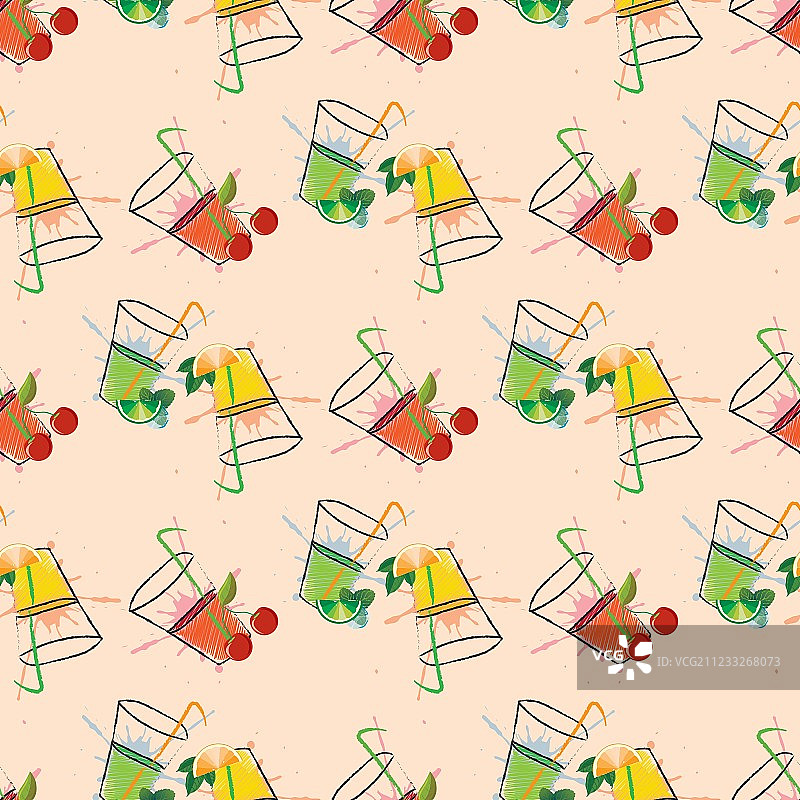 夏天喝打印。无缝模式与杯橙，樱桃汁和莫吉托孵化风格图片素材