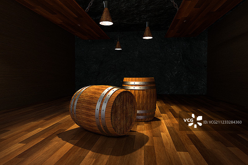 老式地下酒窖场景，复古木制风格，三维渲染图片素材
