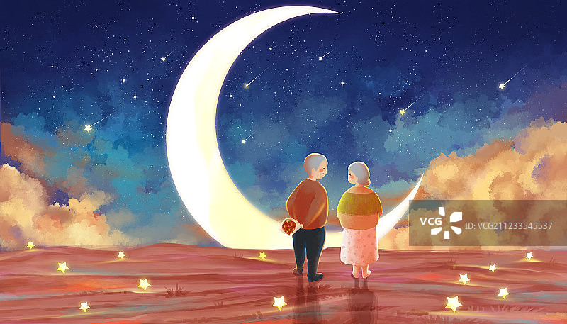 月亮星空下步行的老年夫妻背影温馨手绘插画图片素材
