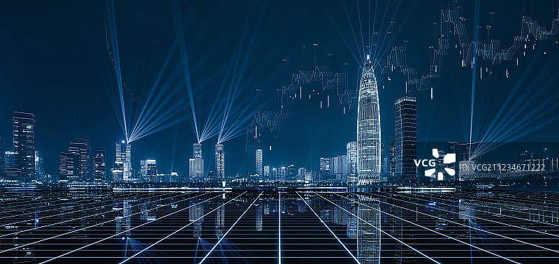 深圳CBD地标建筑光效果和股市K线图图片素材