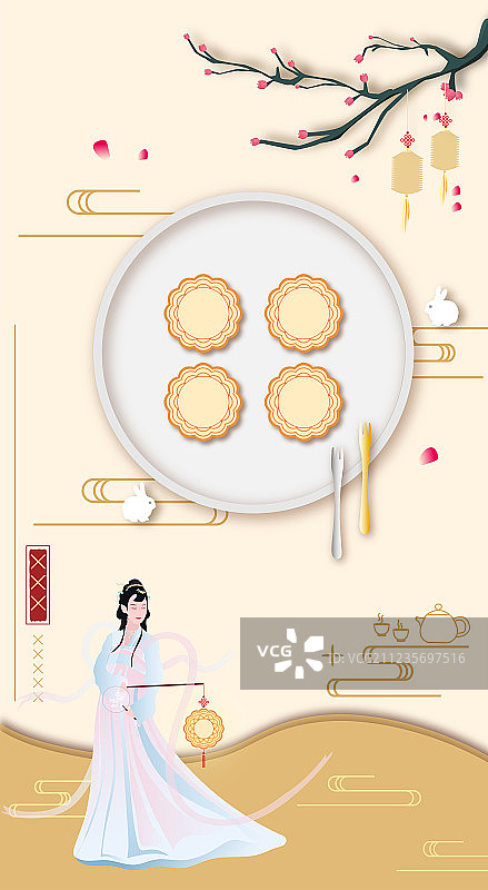 中秋节里喝茶吃月饼赏月亮，中国传统节日插画背景海报图片素材