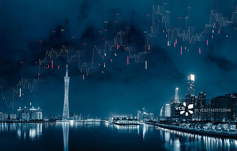 股市K线图和广州CBD繁华夜景图片素材