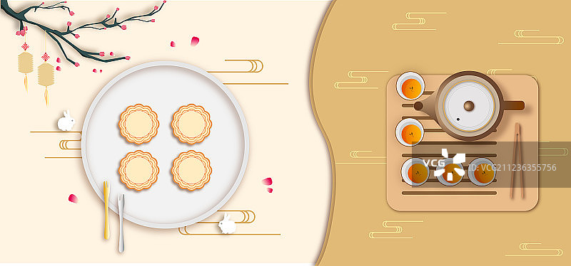 中秋节一边喝茶一边吃月饼，中国传统节日插画背景海报图片素材