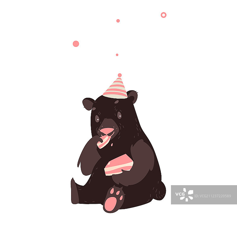 熊坐在派对的帽子和吃生日蛋糕图片素材