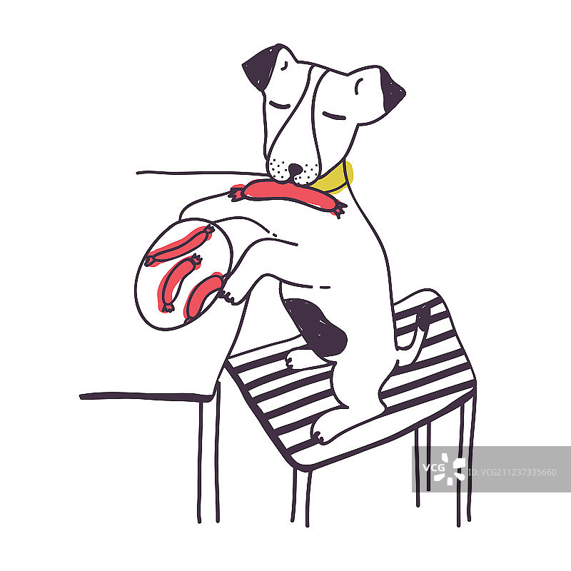 有趣的狗从桌子上偷香肠或食物图片素材