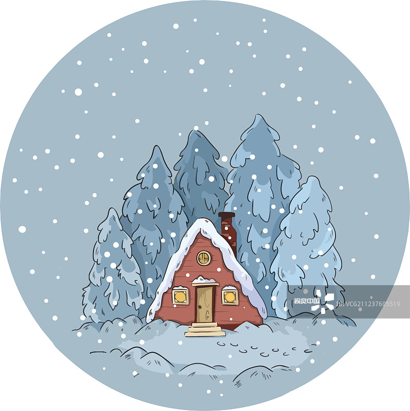 冬天的场景房子和松树在一个雪花玻璃球图片素材