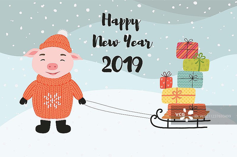 猪扛着雪橇，祝新年快乐图片素材