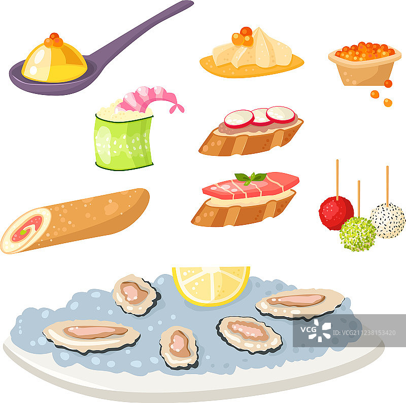 各种肉饼小吃开胃鱼和图片素材