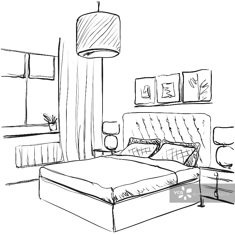 卧室室内手绘家具素描图片素材