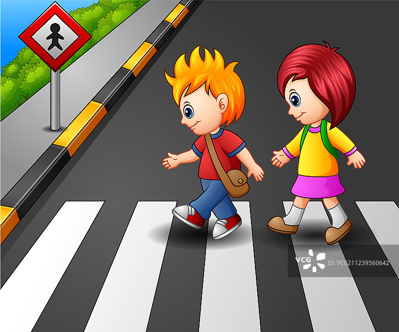 小女孩和小男孩正在过马路图片素材