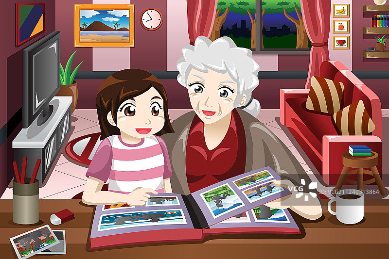 奶奶和孙女在看画册图片素材