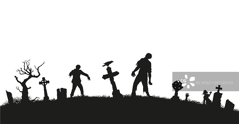 墓地背景上僵尸的黑色剪影图片素材