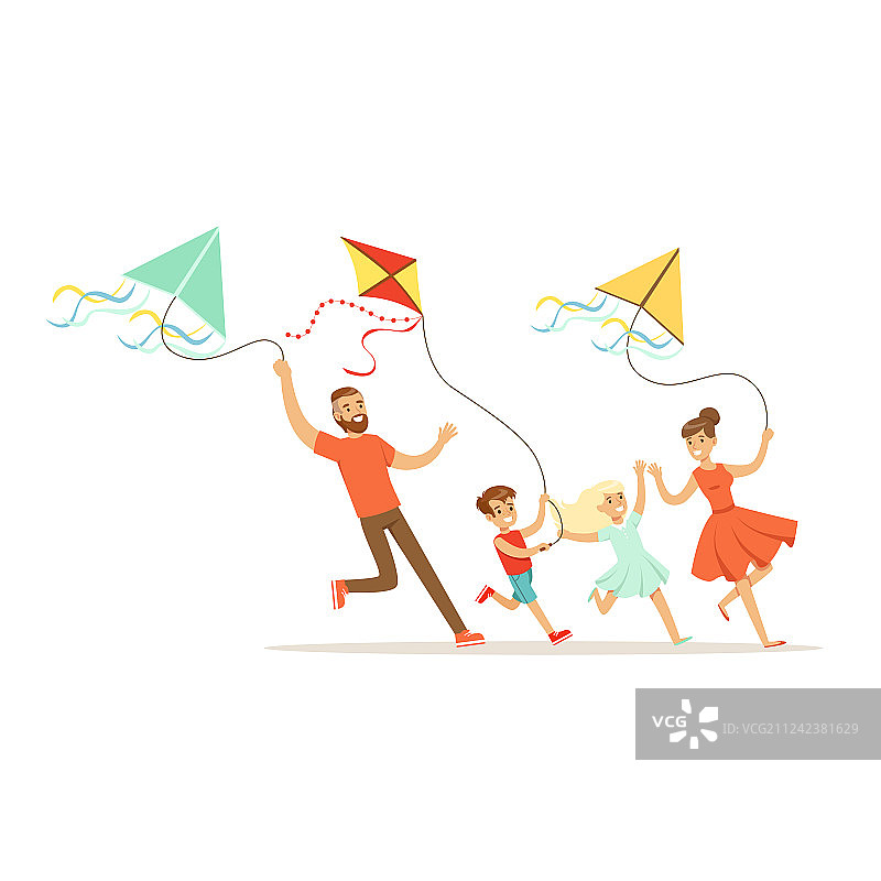 幸福的家庭和两个孩子在玩风筝图片素材