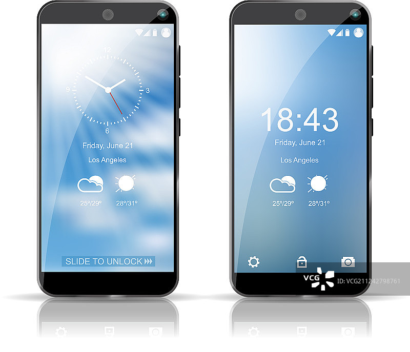 两个智能手机显示天气屏保图片素材