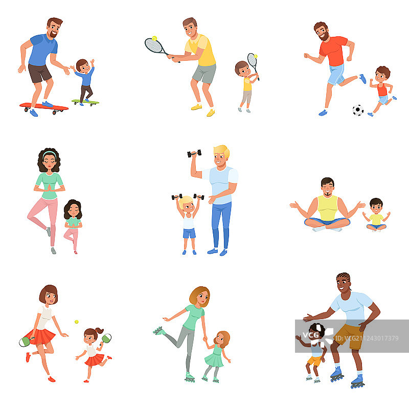 孩子们和父母一起踢足球、打网球、打乒乓球图片素材