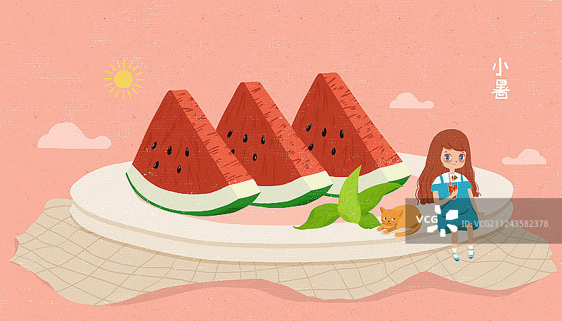 二十四节气小暑插画 在西瓜旁边喝西瓜汁的女孩图片素材