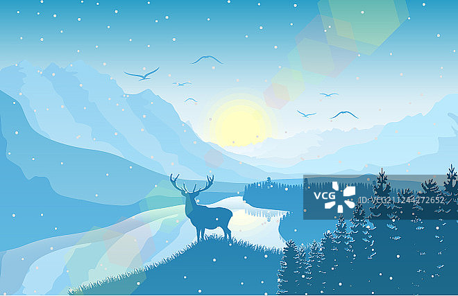 冬季山地景观有鹿图片素材