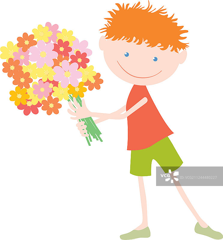 一个小男孩拿着一大束花图片素材
