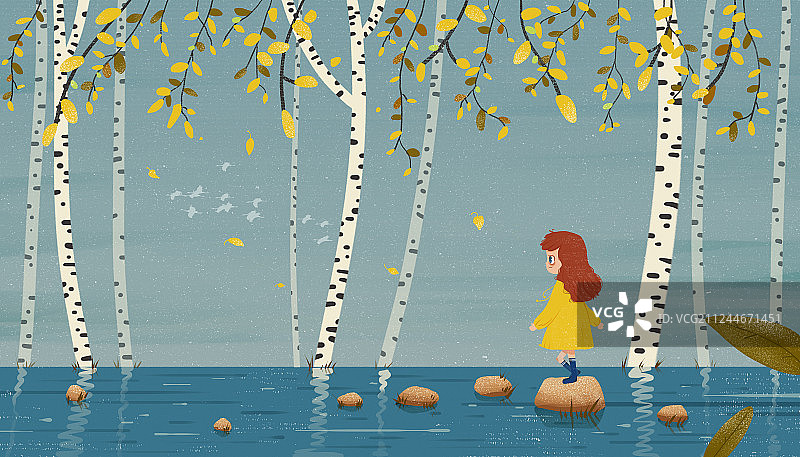 落叶的白桦树在水边石头上走路的女孩图片素材