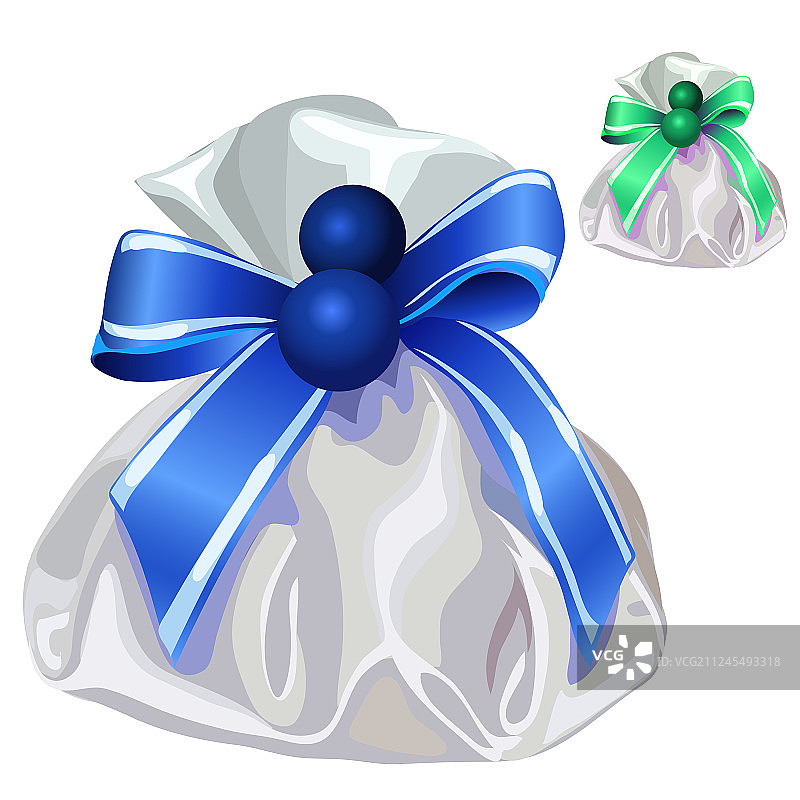 白色丝质礼品包，带蓝色蝴蝶结图片素材