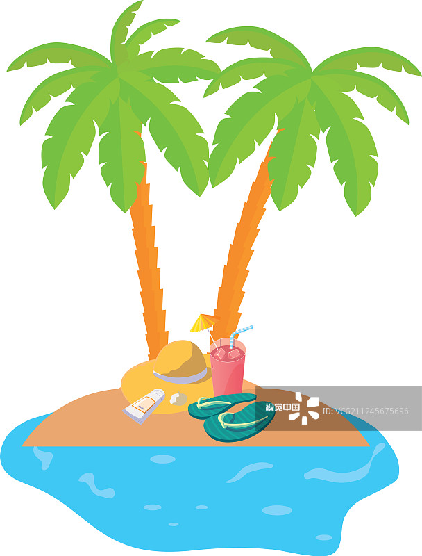 夏日的海岸线上有棕榈树和草帽图片素材